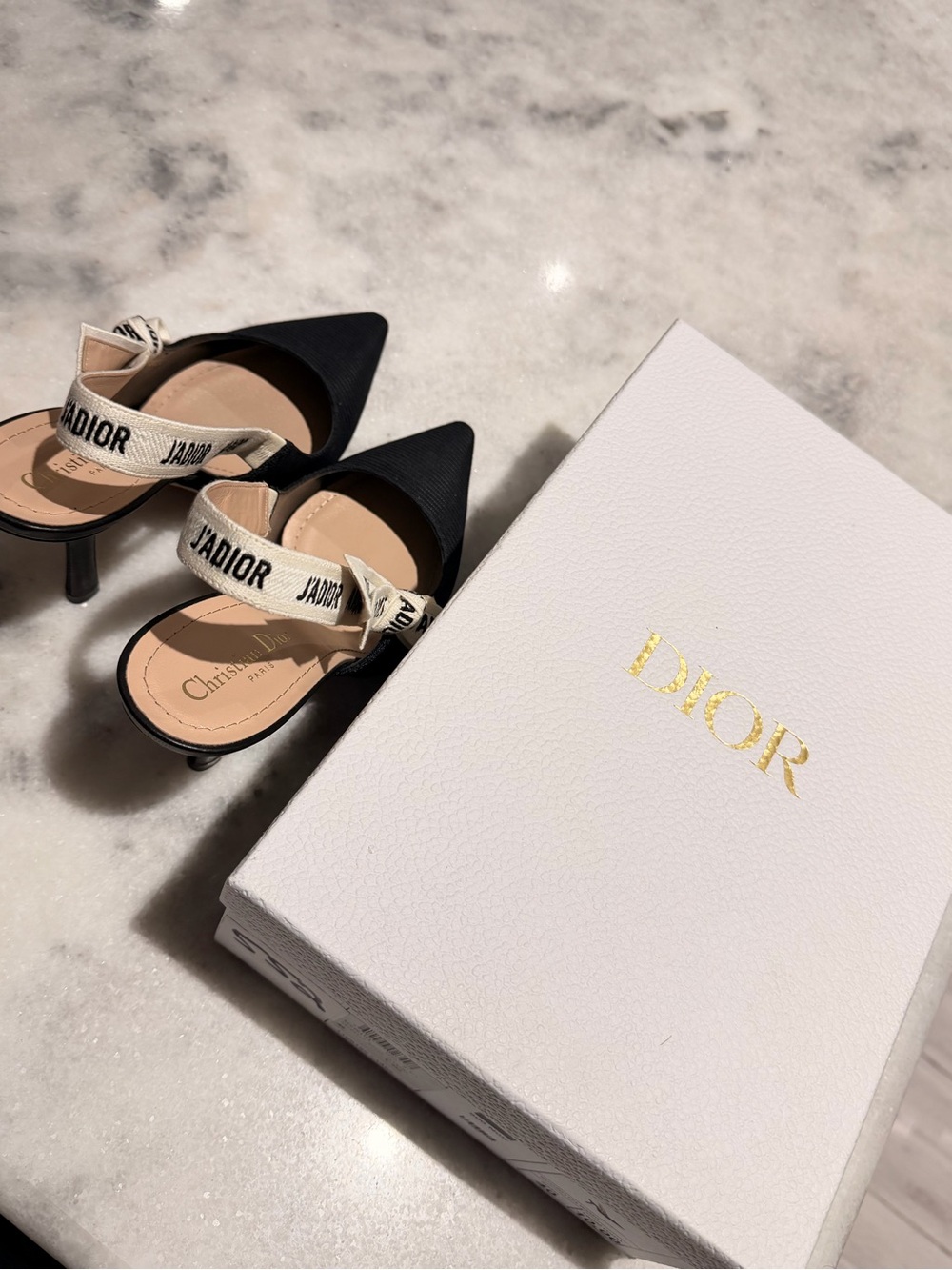 Dior Black Pointed Slingback Heels with White J'Adior Strap